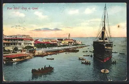 AK Port Said, Port et Quai, Schiff, Leuchtturm, Boote im Hafen