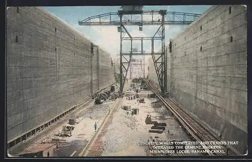 AK Panama Canal. Concrete Walls Completed and Cranes that operated the Cement Buckets, Miraflores Locks