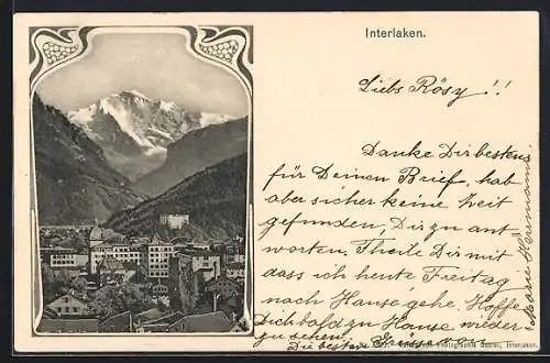 AK Interlaken, Teilansicht mit Bergen