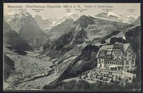 AK Braunwald, Hotel Kurhaus Alpenblick mit Gebirge, Tödi, Kammerstock, Clariden