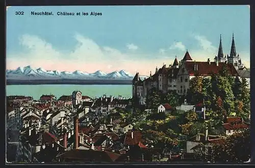 AK Neuchâtel, Château et les Alpes