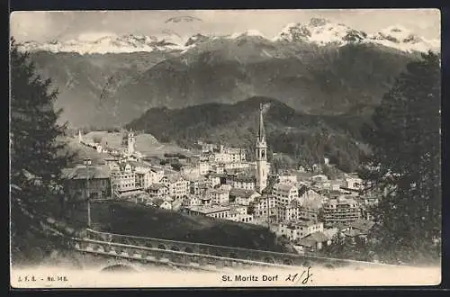 AK St. Moritz, Ortsansicht mit Bergpanorama