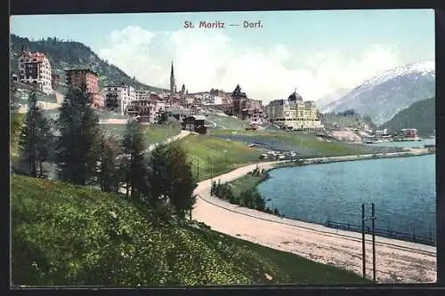 AK Sankt Moritz-Dorf, Ortsansicht und Uferpromenade