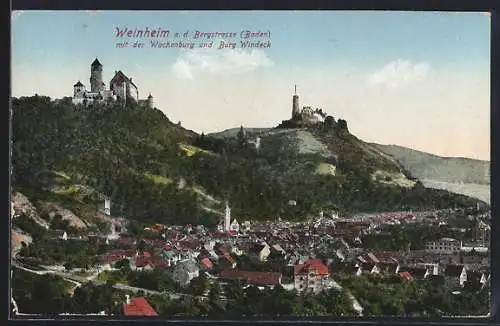 AK Weinheim a. d. Bergstrasse, Teilansicht mit der Wachenburg und Burg Windeck