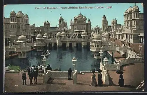 AK London, Franco-British Exhibition 1908, Court of Honour, Ausstellungsgelände am Wasser