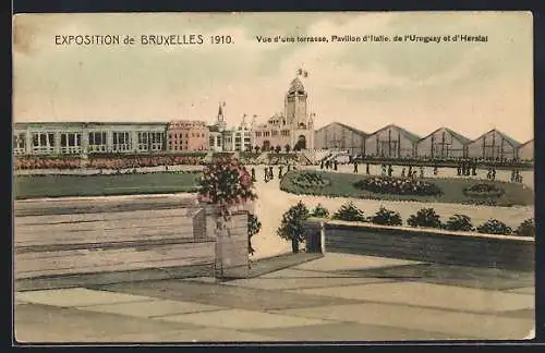 AK Bruxelles, Exposition 1910, Vue d`une terrasse, Pavillon d`Italie de l`Uruguay et d`Herstel