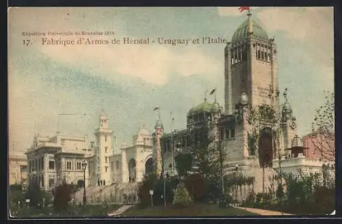 AK Bruxelles, Exposition 1910, Fabrique des Armes de Herstal, Uruguay et l`Italie