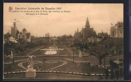 AK Bruxelles, Exposition 1910, Jardins de la ville de Paris, Pavillons de Monaco, Allemagne et la Hollande