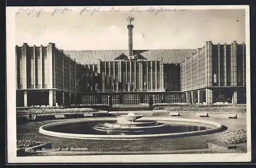 AK Köln am Rhein, Internationale Presse-Ausstellung Pressa 1928, Messehof mit Brunnen