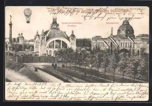 AK Düsseldorf, Kunst- u. Gartenbau-Ausstellung 1904, Sonderausstellungspavillon mit Kunstpalast u. Ballon