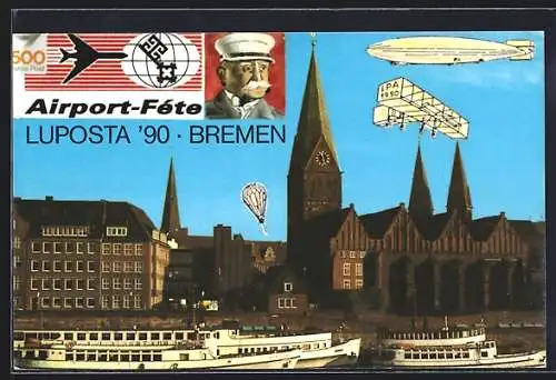 AK Bremen, LUPOSTA 1990, Stadtpanorama mit Zeppelin und Ballon, Flughafen-70 Jahre Liniendienst