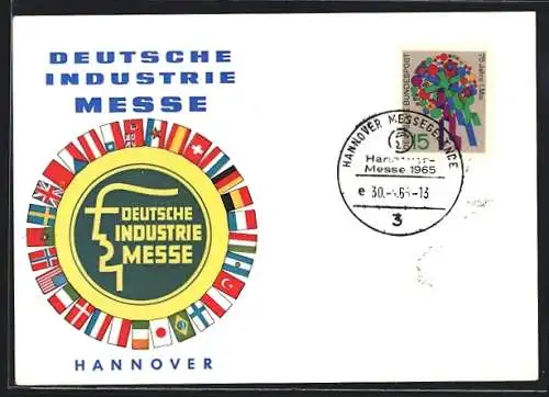 AK Hannover, Messe 1965, Deutsche Industrie-Messe, Plakatmotiv mit internationalen Flaggen