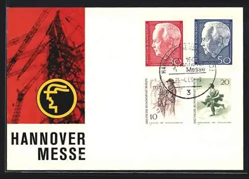 AK Hannover, Messe 1965, Plakatmotiv Turmbau mit Messe-Logo