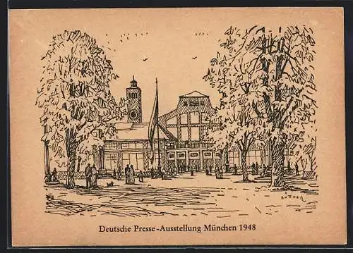 Künstler-AK München, Deutsche Presse-Ausstellung 1948 - Ausstellungsgebäude