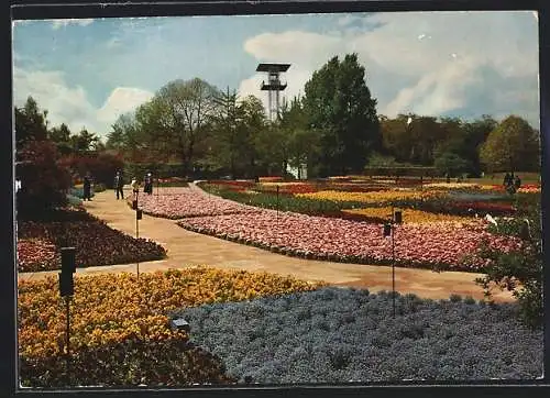 AK Stuttgart, Bundes Gartenschau April - Oktober 1961, Bunter Blumenteppich m. Aussichtsturm