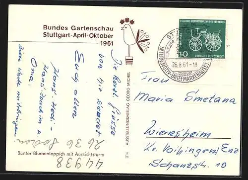 AK Stuttgart, Bundes Gartenschau April - Oktober 1961, Bunter Blumenteppich m. Aussichtsturm