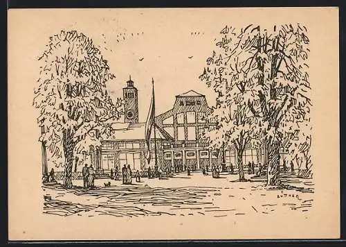 Künstler-AK München, Deutsche Presse-Ausstellung 1948 - Ausstellungsgebäude