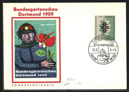 Künstler-AK Dortmund, Bundesgartenschau 1959, Mann mit Blume