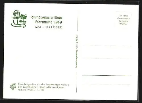 AK Dortmund, Bundesgartenschau 1959, Staudengarten vor der Kulisse der Dortmunder-Hörder-Hütten-Union