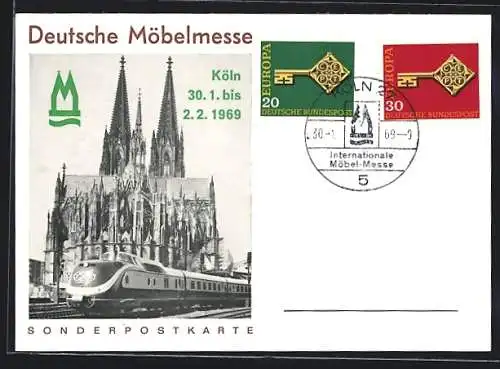 AK Köln, Deutsche Möbelmesse 1969, Dom mit Eisenbahn