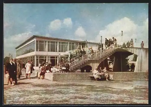 AK Erfurt, Internationale Gartenbau-Ausstellung, Rendezvousbrücke mit Hauptgaststätte