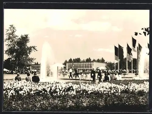 AK Erfurt, Brunnen und Beet auf der Internationalen Gartenbauaustellung