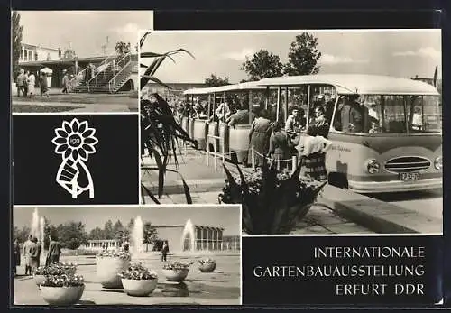 AK Erfurt, Internationale Gartenbauausstellung der DDR, Ausstellungsgelände mit Brunnen, Frauen am Bus, Treppe