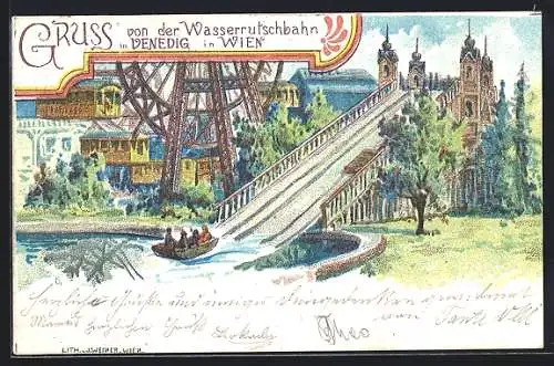 Lithographie Wien, Venedig in Wien, Gruss von der Wasserrutschbahn