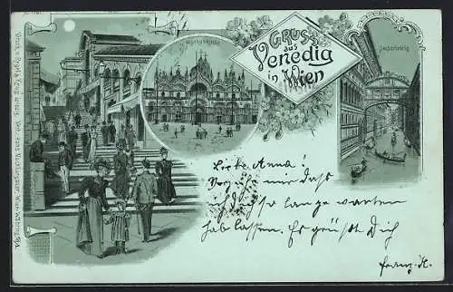 Mondschein-Lithographie Wien, Ausstellung Venedig in Wien, Markuskirche, Seufzerbrücke