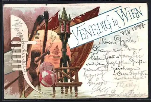 Lithographie Wien, Ausstellung und Vergnügungspark Venedig in Wien, Gondel am Steg