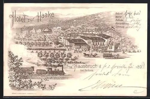 Lithographie Hamburg-Harburg, Hotel zur Haake mit Strasse und Eisenbahnzug aus der Vogelschau