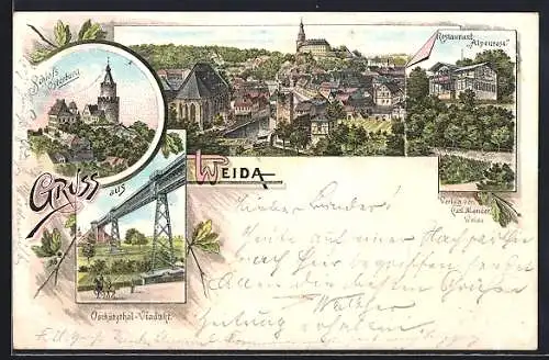 Lithographie Weida / Thür., Schloss Osterburg, Oschützthal-Viadukt, Restaurant Alpenrose, Panorama