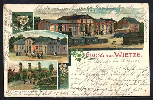 Lithographie Wietze / Celle, Gasthaus zum Bahnhof, Bahnhof von der Gleisseite, Strassenpartie mit Bohrtürmen