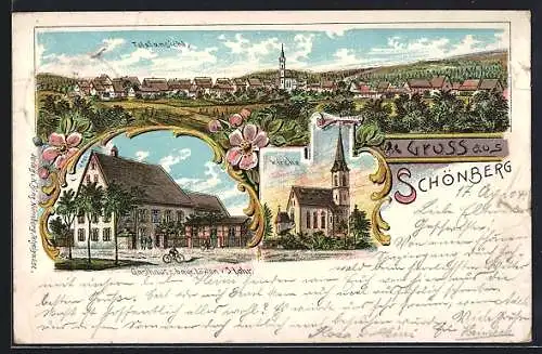 Lithographie Schönberg / Lauf, Gasthaus zum bayerischen Löwen, Kirche, Totalansicht