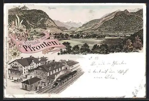 Lithographie Pfronten, Panorama mit Hotel und Ruine Falkenstein, Bahnhof