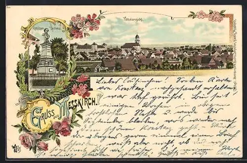 Lithographie Messkirch, Kreutzer Denkmal, Totalansicht der Ortschaft