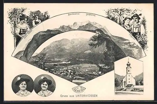 Künstler-AK Eugen Felle: Unterwössen, Kirche, Ortsansicht, Panorama mit Wildem Kaiser, Breitenstein und Geigelstein