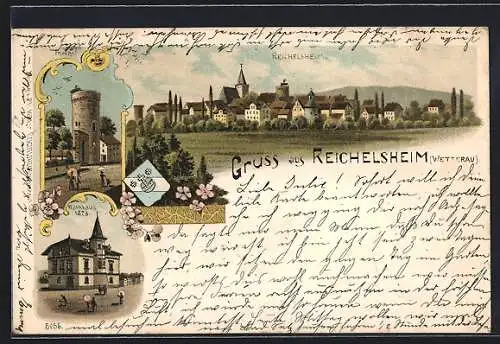 Lithographie Reichelsheim /Wetterau, Rathaus, Turm am Friedhof, Ortsansicht