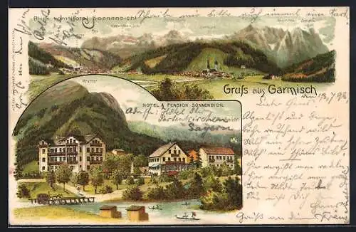 Lithographie Garmisch, Blick vom Hotel Sonnenbichl, Hotel & Pension Sonnenbichl am Seeufer