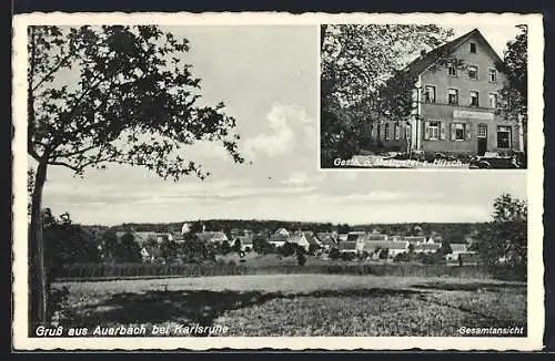 AK Auerbach bei Karlsruhe, Gasthaus und Metzgerei zum Hirsch, Ortsansicht