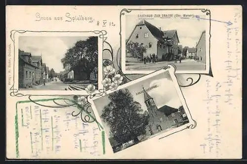 AK Spielberg /Baden, Gasthaus zur Traube, Kirche mit Linde, Strassenpartie