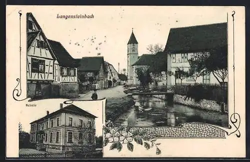 AK Langensteinbach, Schule, Strassenpartie mit Kirche