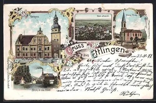 Lithographie Ettlingen, Rathaus, Evangelische Kirche, Blick in die Stadt