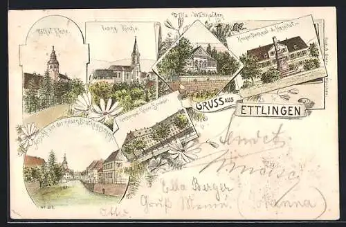 Lithographie Ettlingen, Villa Watthalden, Krieger-Denkmal & Hospital, Grossherzogl. Lehrer-Seminar