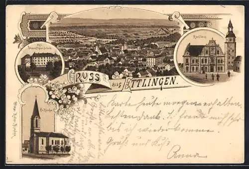 Lithographie Ettlingen, Kgl. Unteroffizier-Schule, Ev. Kirche, Rathaus