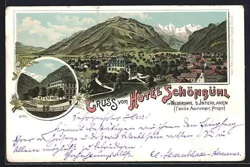 Lithographie Wilderswyl b. Interlaken, Hotel Schönbrühl, Ansicht gegen die Berge