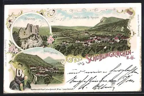 Lithographie Scheiblingkirchen s. d. Aspangbahn, Teilansicht, Türkensturz, Ortspartie