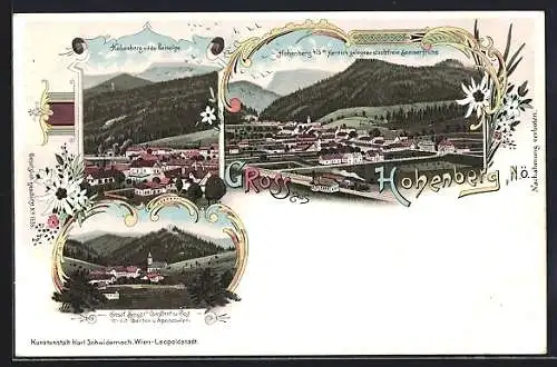 Lithographie Hohenberg, Josef Singers Gasthof zur Post, Ortsansicht mit der Reisalpe