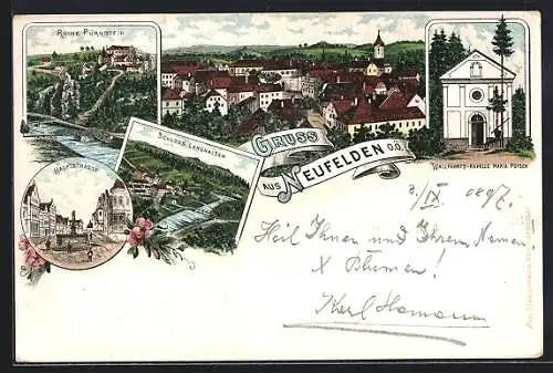 Lithographie Neufelden /O. Ö., Hauptstrasse, Wallfahrts-Kapelle Maria Pötsch, Ruine Pürnstein