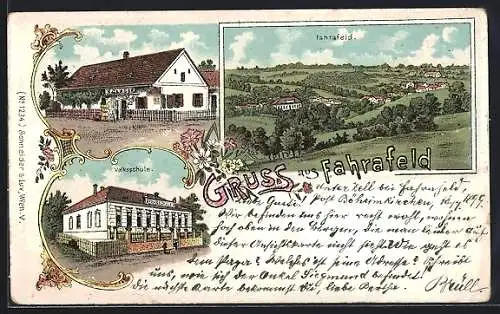 Lithographie Fahrafeld, Volksschule, Handlung S. Glaser, Ortsansicht